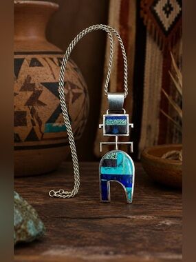 Native American Navajo Sterling Silver Turquoise Multi Stone Inlay Yei Necklace